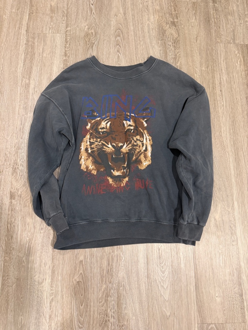 Anine Bing Black Graphic Tiger Crewneck Sweatshirt with Blue Logo - Picture 2 of 5